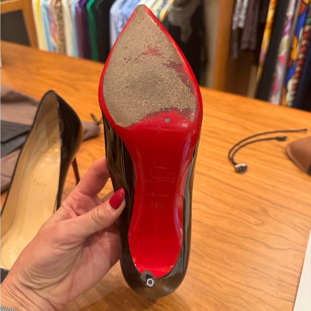 Christian Louboutin Black Patent Leather Pointed Toe Pumps with Red Soles - Picture 4 of 6